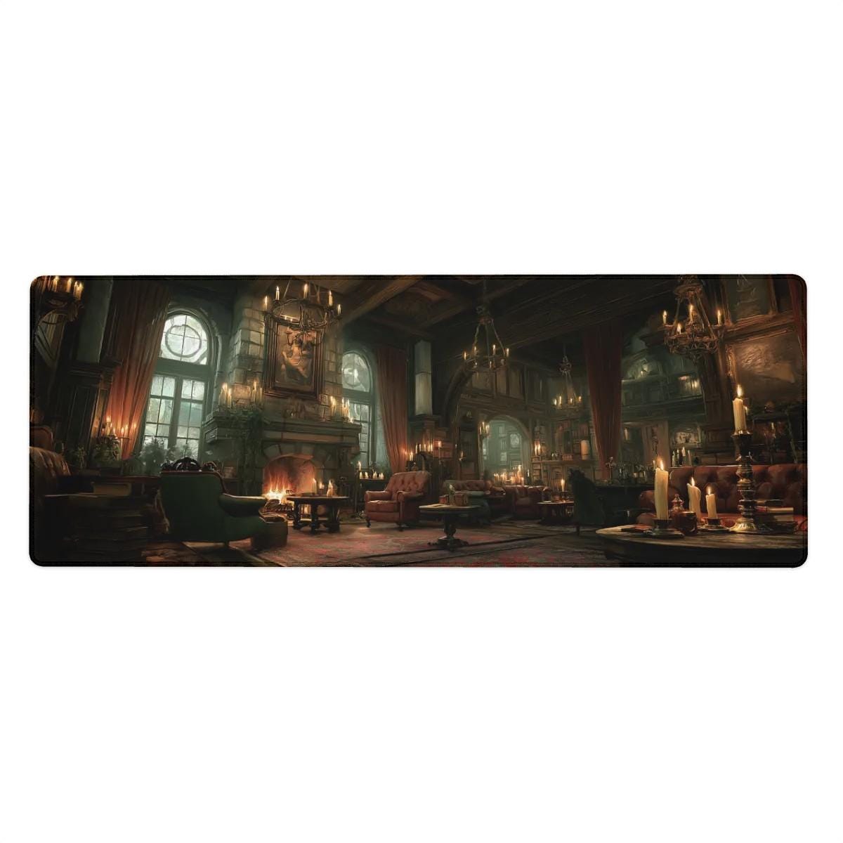 Gothic Manor Library Desk Mat | Dark Academia Mouse Pad with Vintage Study Room Scene in Rich Amber and Forest Green | Mystery Fantasy Art