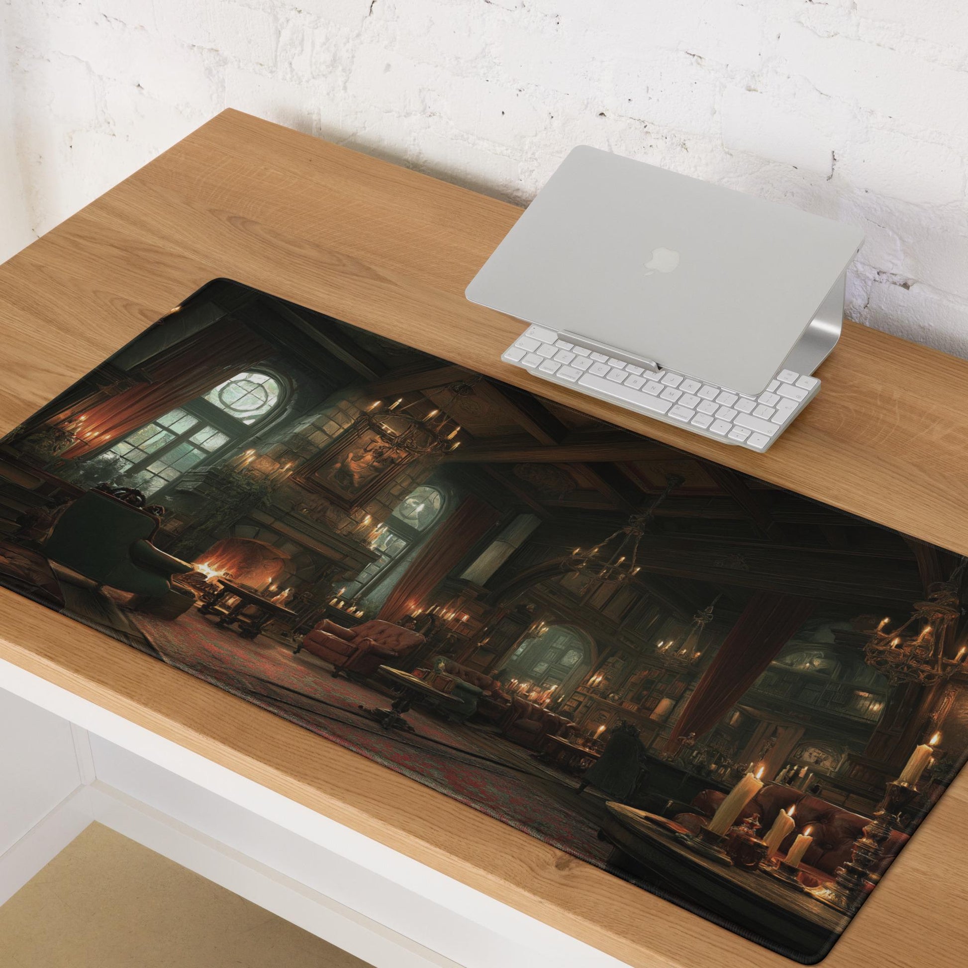 Gothic Manor Library Desk Mat | Dark Academia Mouse Pad with Vintage Study Room Scene in Rich Amber and Forest Green | Mystery Fantasy Art