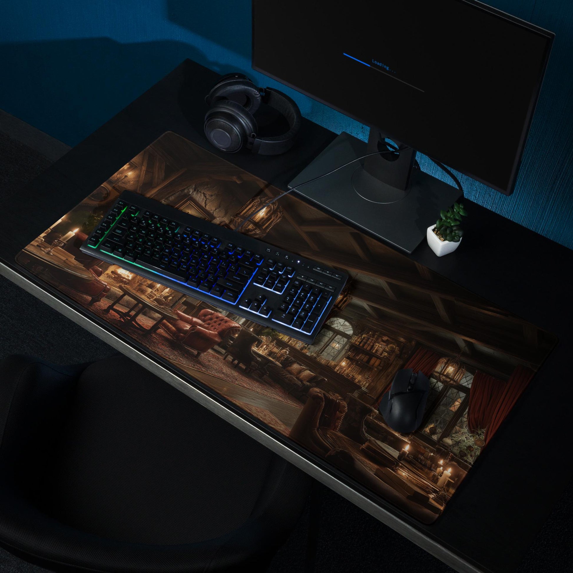Speakeasy Lounge Desk Mat | Dark Academia Library Mouse Pad,  Vintage Fireplace in Rich Burgundy Brown RPG Fantasy Interior