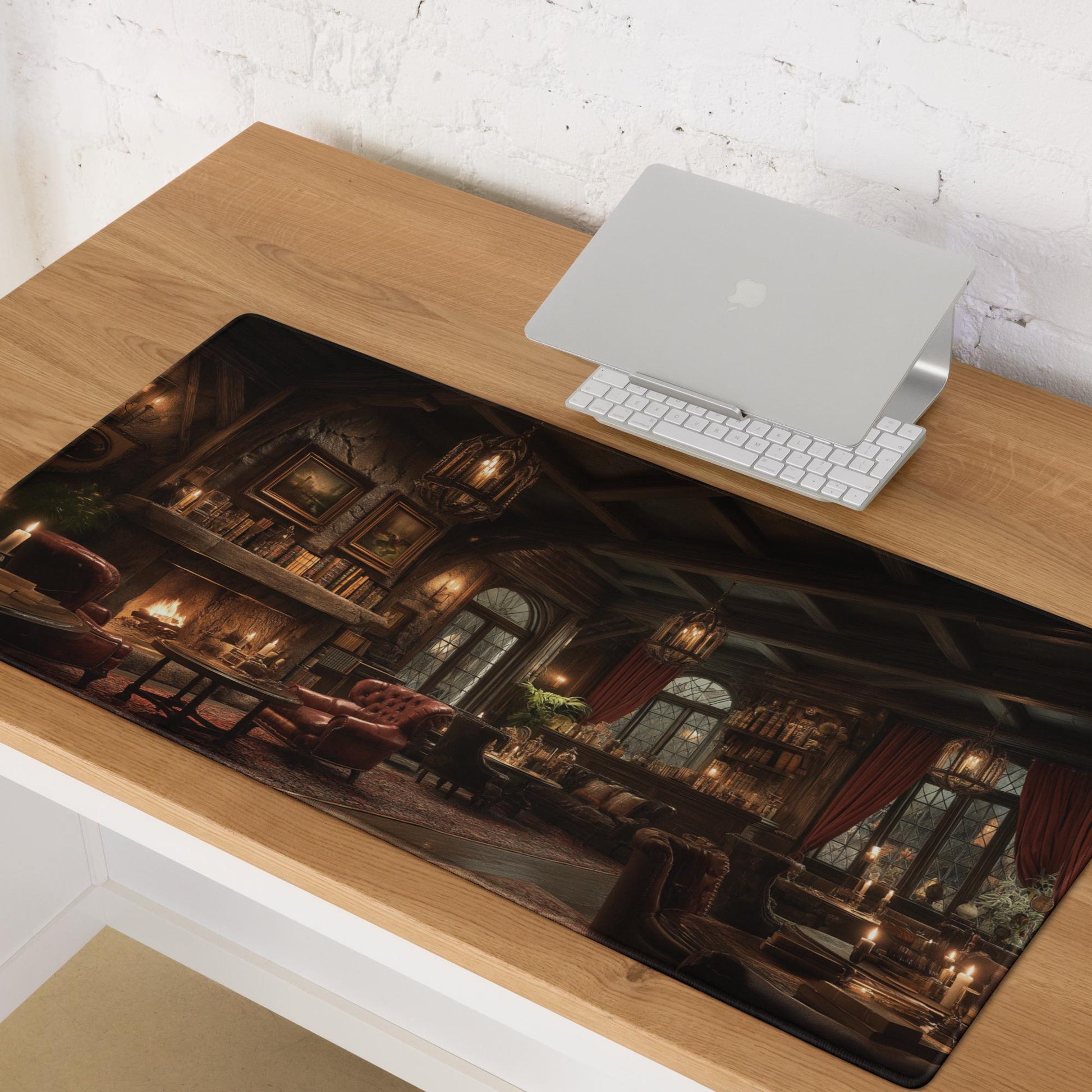 Speakeasy Lounge Desk Mat | Dark Academia Library Mouse Pad,  Vintage Fireplace in Rich Burgundy Brown RPG Fantasy Interior