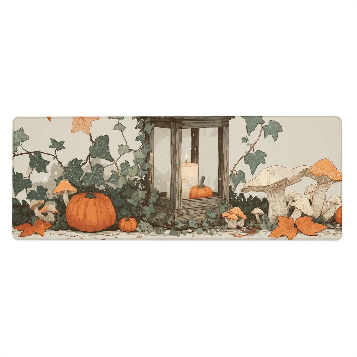 Halloween Cottagecore Desk Mat | Large Mouse Pad, Pumpkin Mushroom Botanical Design | Cozy Gaming and Desk Accessories