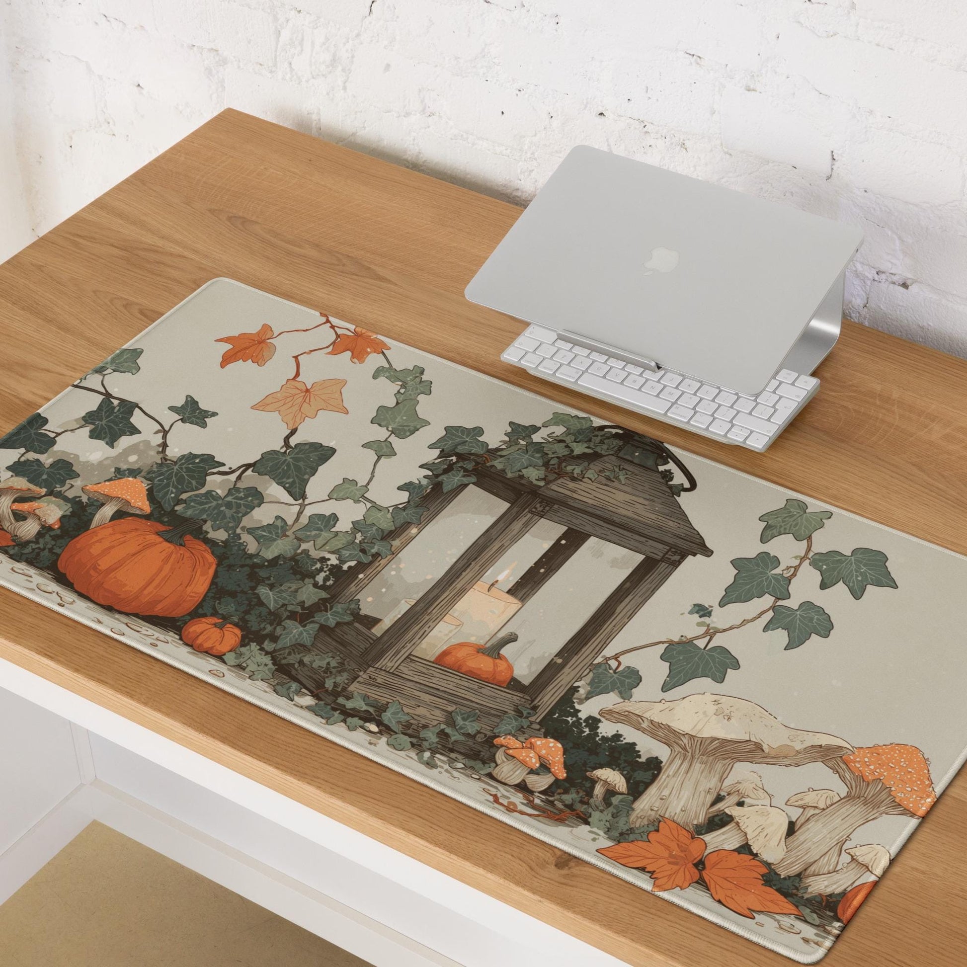 Halloween Cottagecore Desk Mat | Large Mouse Pad, Pumpkin Mushroom Botanical Design | Cozy Gaming and Desk Accessories