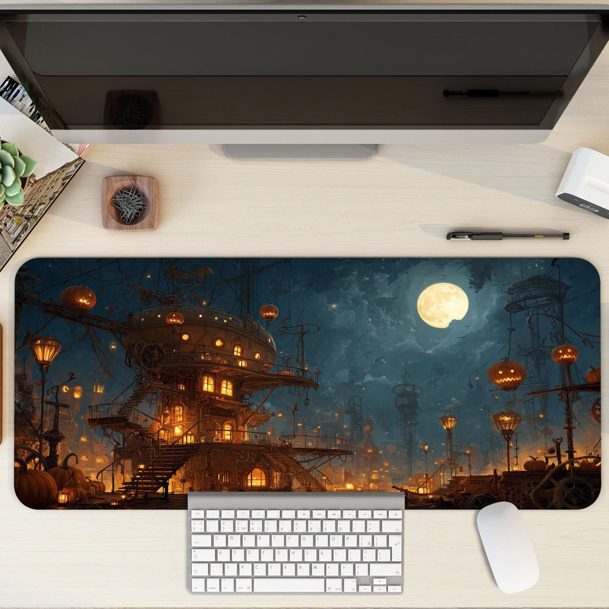 Steampunk Halloween House Desk Mat | Spooky Large Mouse Pad Jack O Lantern Pumpkin, Fantasy Moon Night, Gaming Desk Setup Gift and Accessory