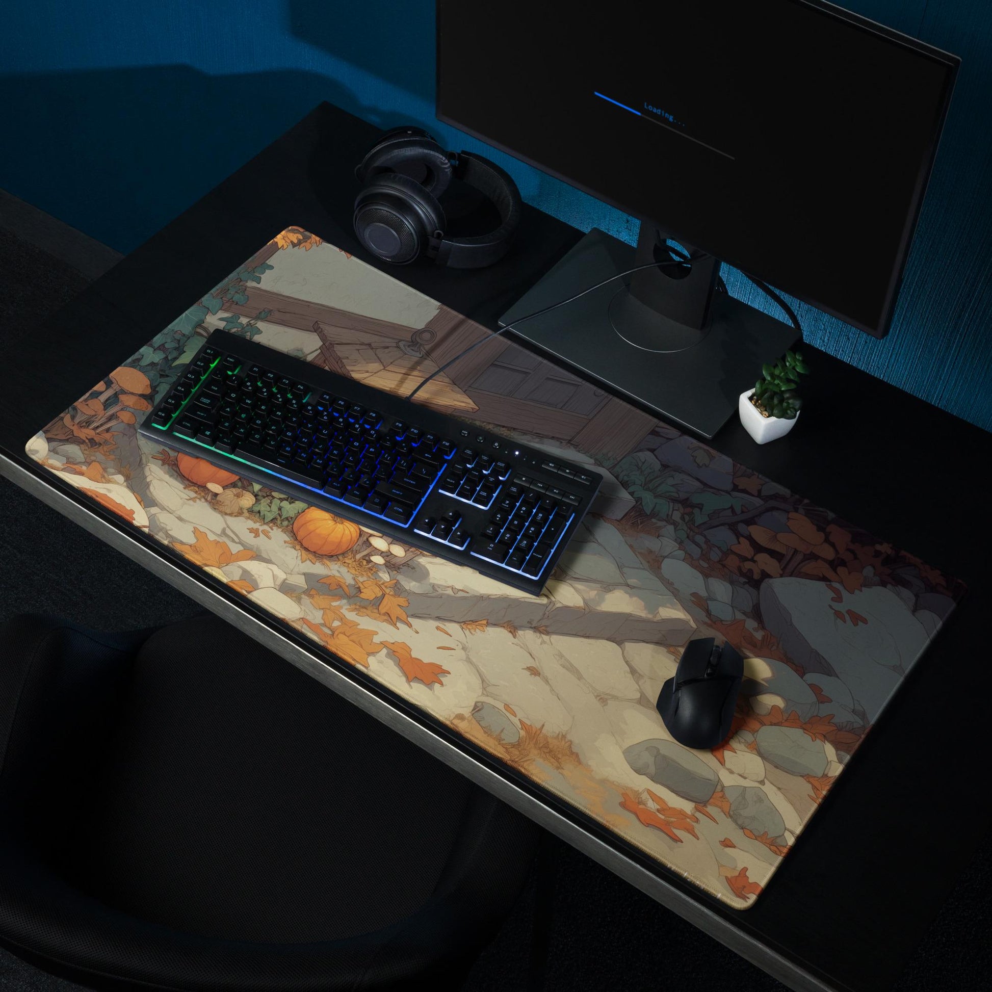 Halloween Lantern Desk Mat | RPG Cottage Autumn Pumpkins & Mushrooms Mouse Pad | Large Cottagecore Illustration Desk Pad