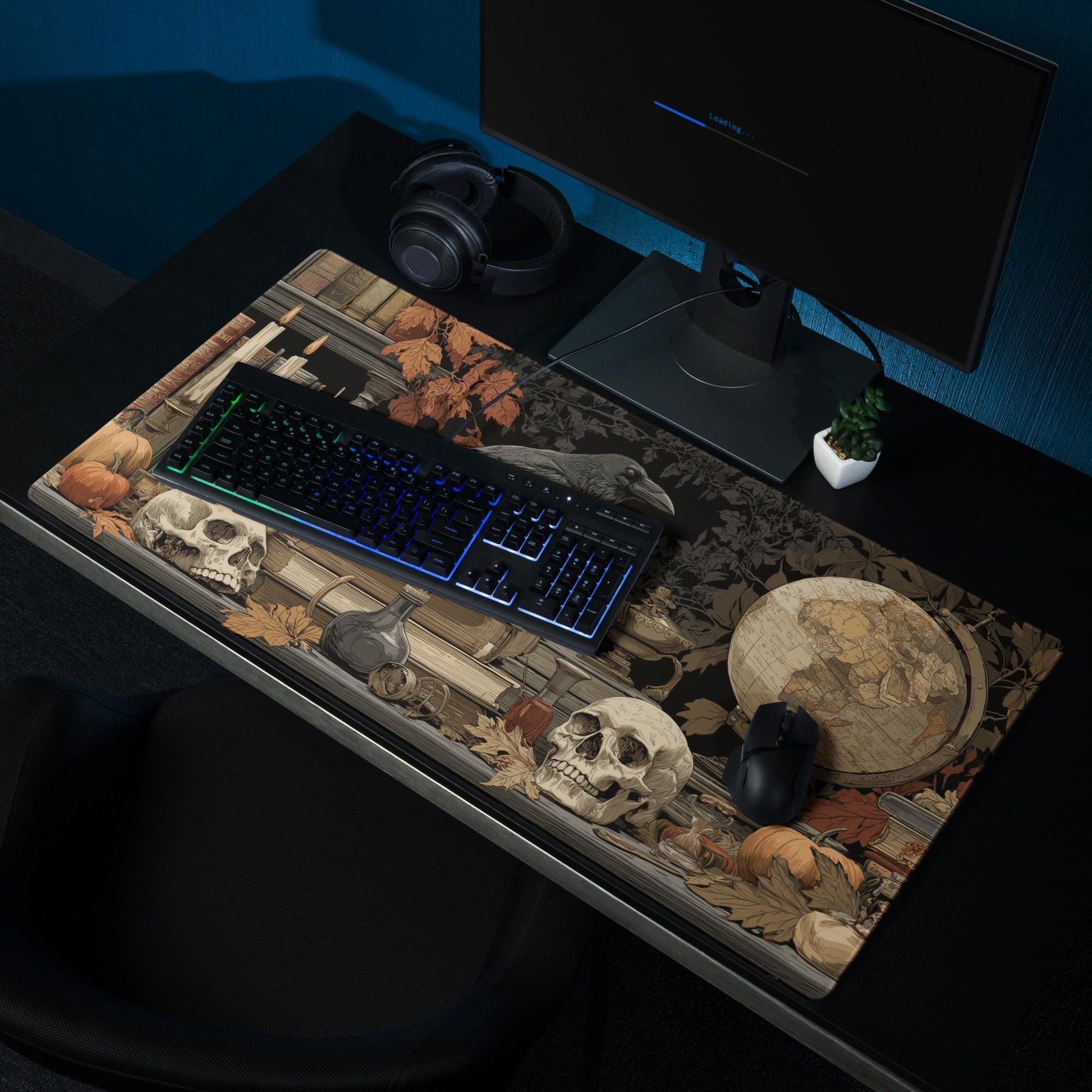 Gothic Halloween Raven Desk Mat | Dark Academia Skulls Large Mouse Pad, Vintage Witchy Desk Setup Decor