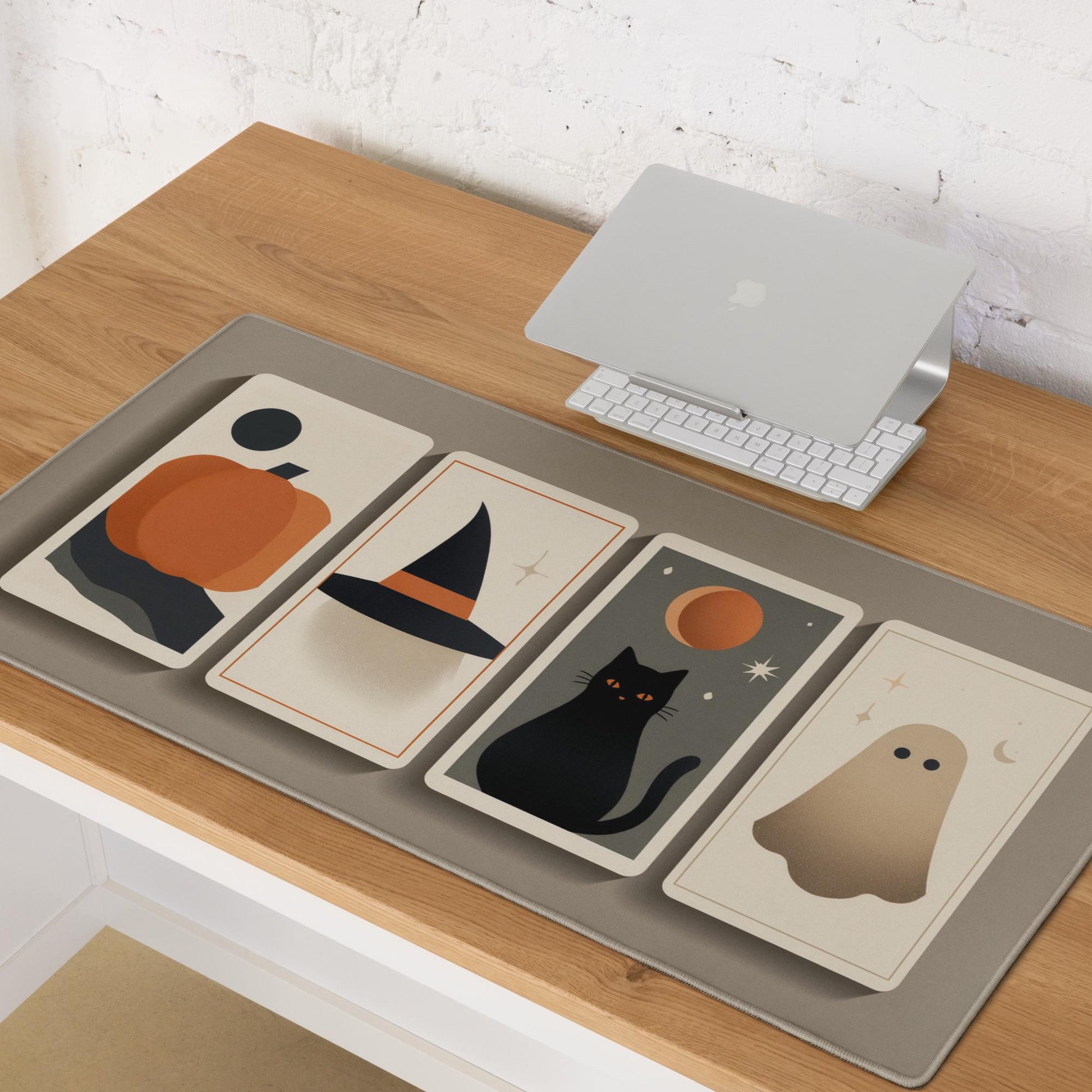 Minimalist Tarot Cards Halloween Desk Mat | Geometric Fantasy, Large Boho Beige Color Mouse Pad
