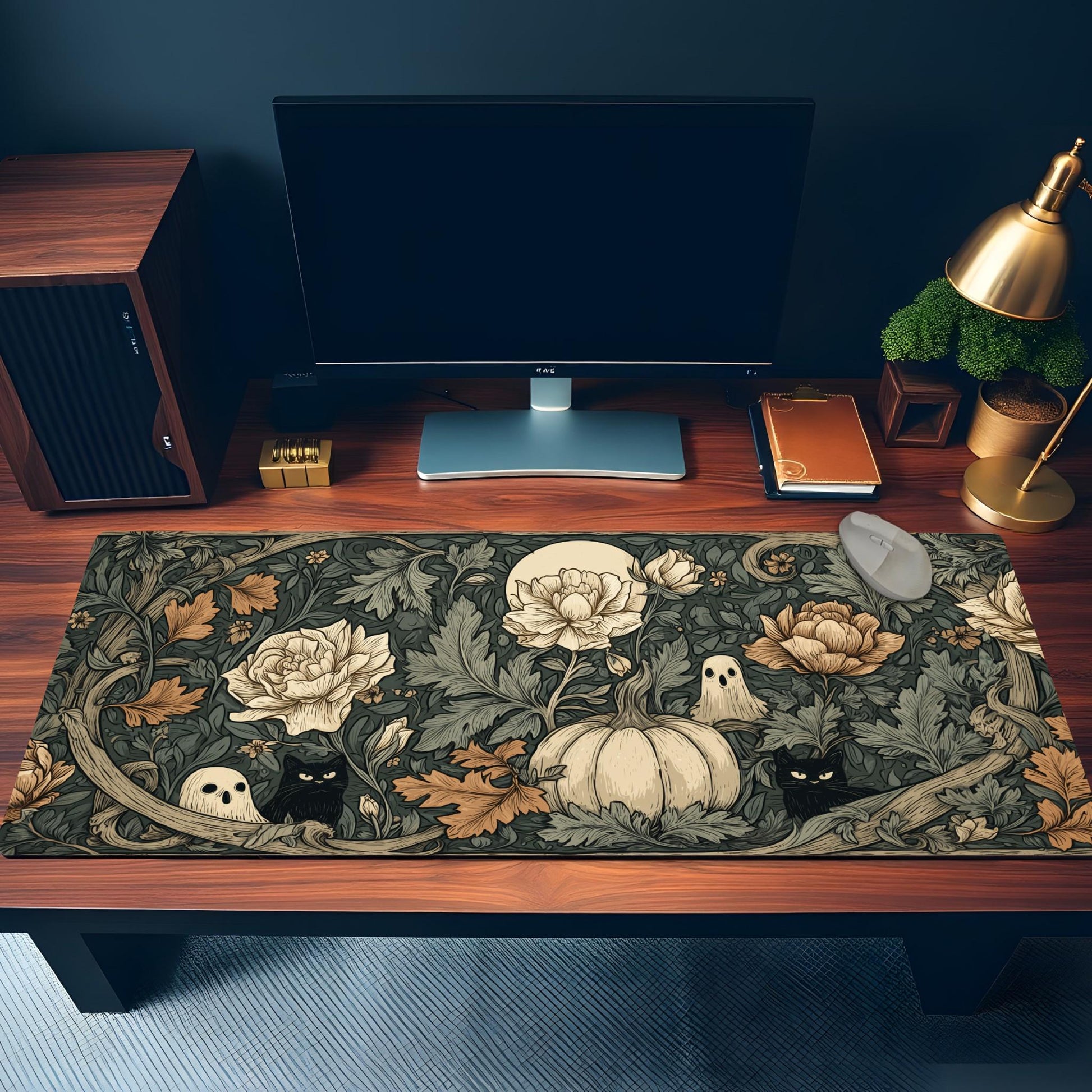 Vintage Botanical Halloween Desk Mat | William Morris Style Floral Ghost Mouse Pad | Sage Green Decor with Pumpkin and Black Cats