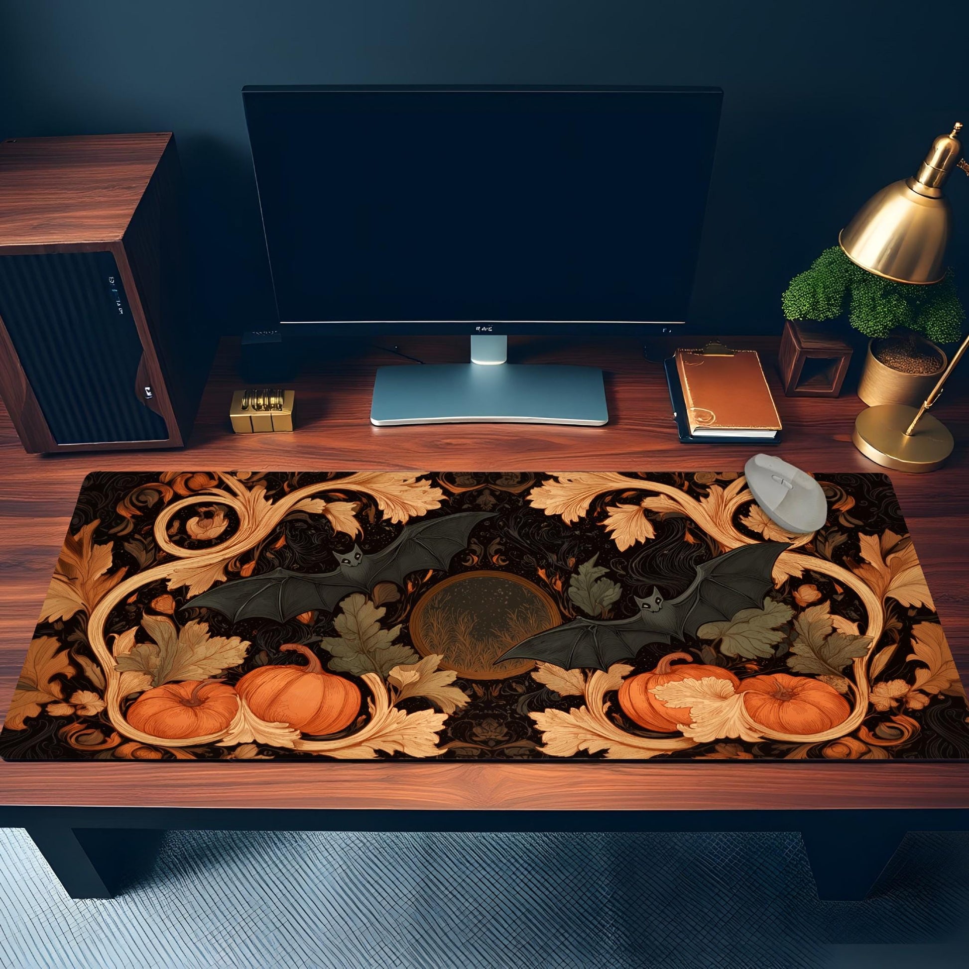 Gothic Halloween Desk Mat | Dark Academia Aesthetic Office Decor with Pumpkins and Bat Motifs | Large Desk Art Gaming Setup