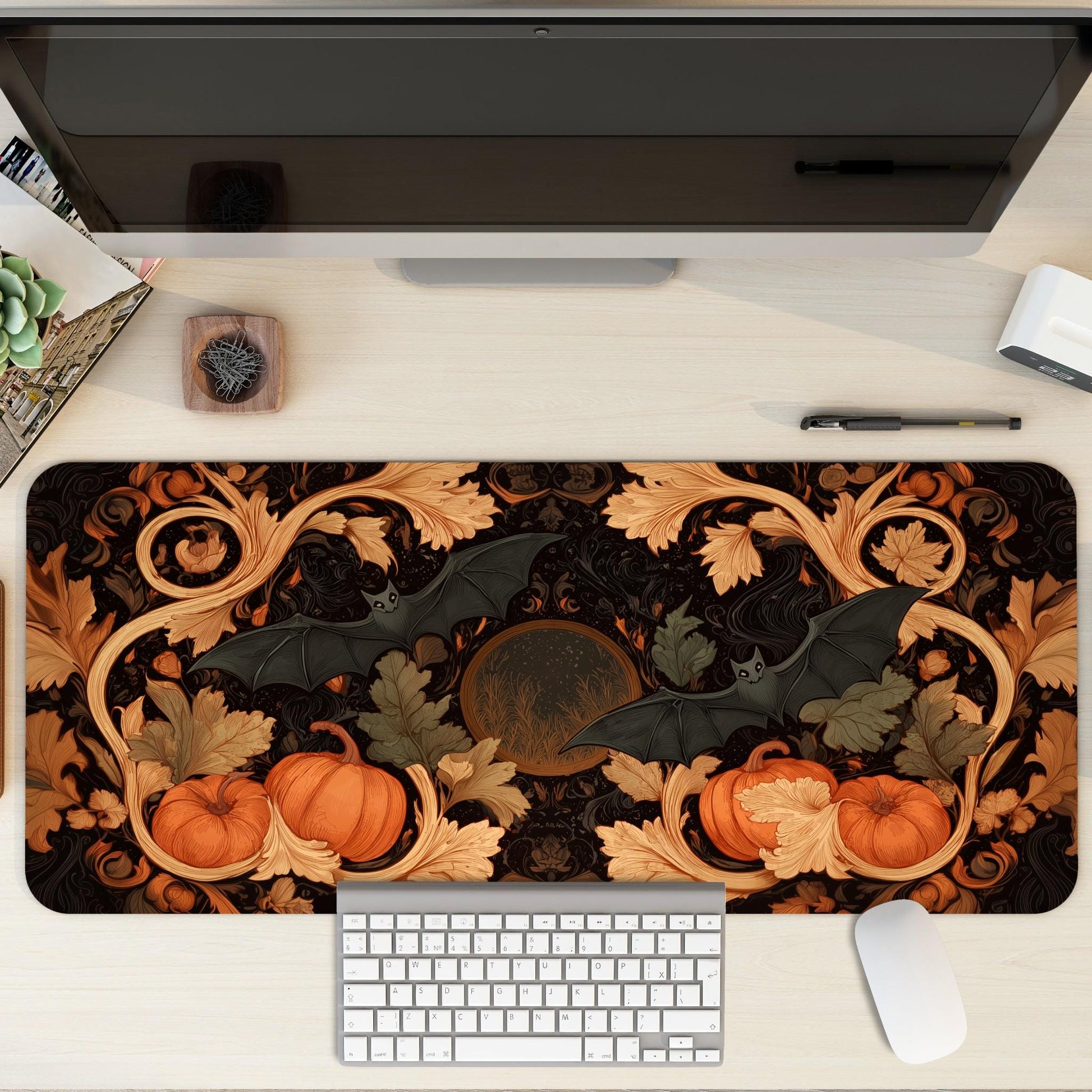 Gothic Halloween Desk Mat | Dark Academia Aesthetic Office Decor with Pumpkins and Bat Motifs | Large Desk Art Gaming Setup