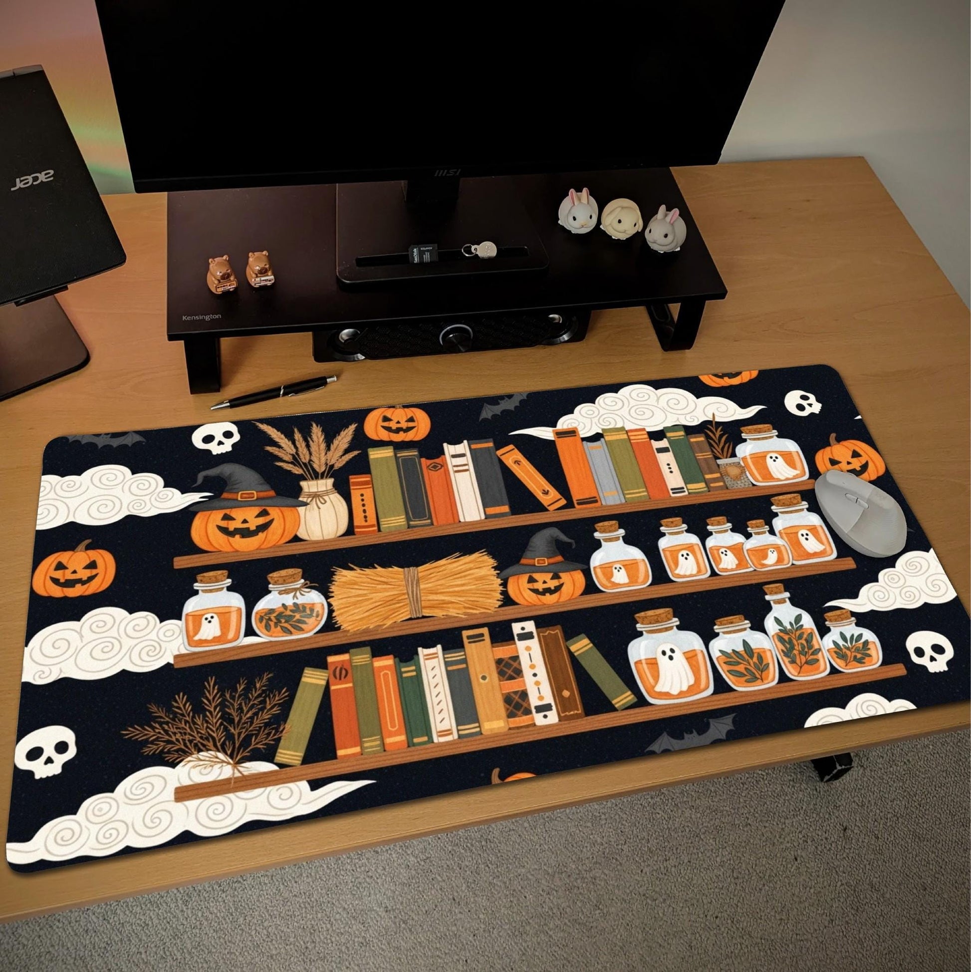 Halloween Bookshelf Desk Mat |  Cartoon Cottagecore Mouse Pad | Ghosts, Pumpkin Skulls, Witch Autumn Office Decor