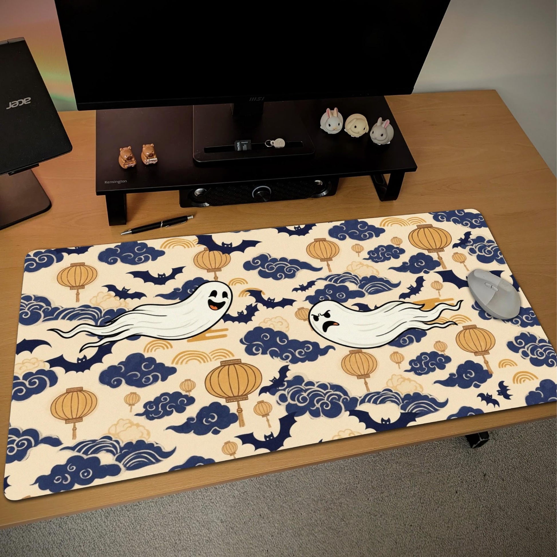Cute Ghost Desk Mat | Japanese Clouds and Lantern Mouse Pad | Navy Gold Pattern, Kawaii Office Decor