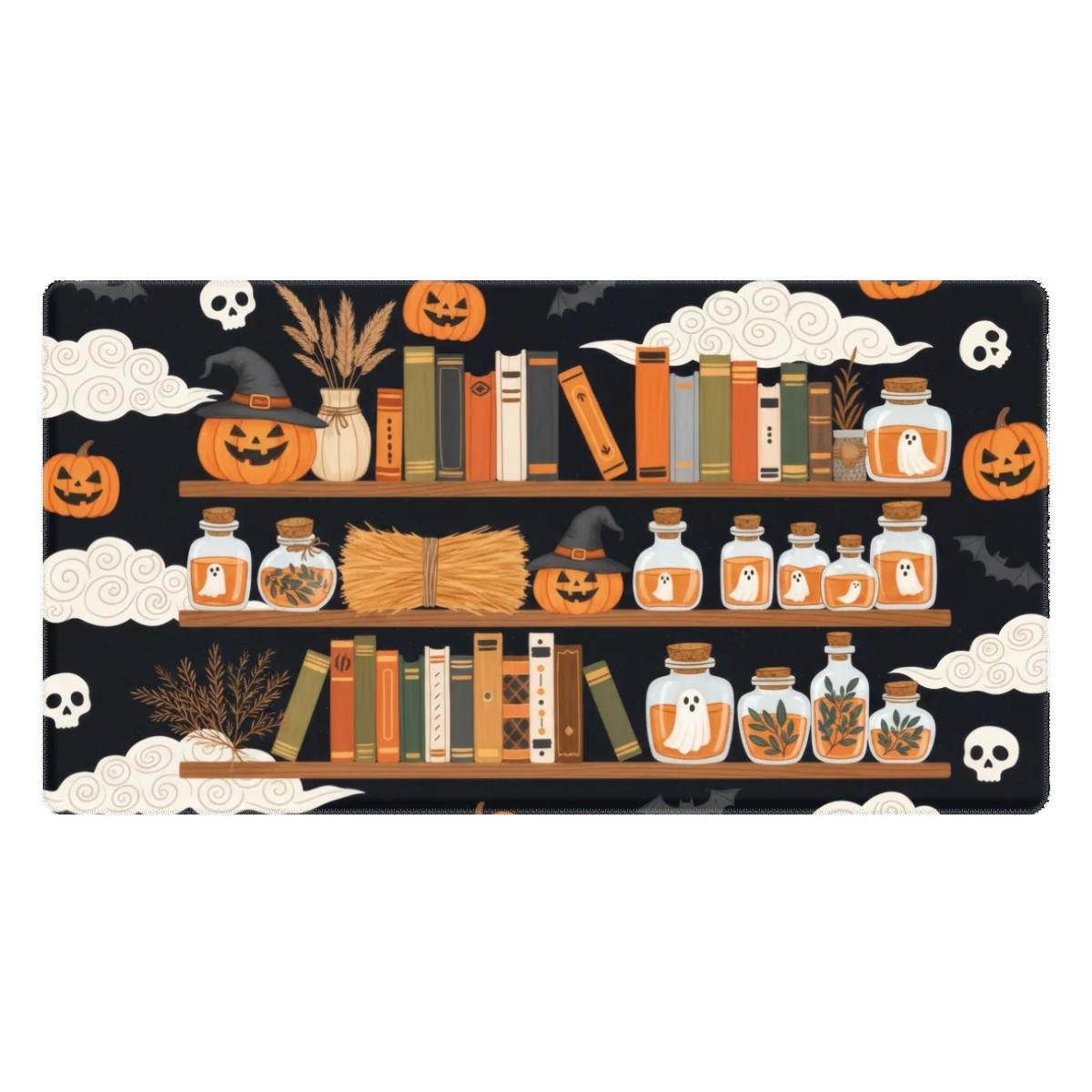 Halloween Bookshelf Desk Mat |  Cartoon Cottagecore Mouse Pad | Ghosts, Pumpkin Skulls, Witch Autumn Office Decor
